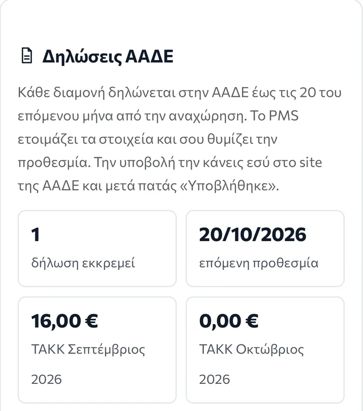 Η οθόνη Δηλώσεις ΑΑΔΕ: 1 δήλωση εκκρεμεί, επόμενη προθεσμία 20/10/2026, ΤΑΚΚ Σεπτεμβρίου 16,00 €